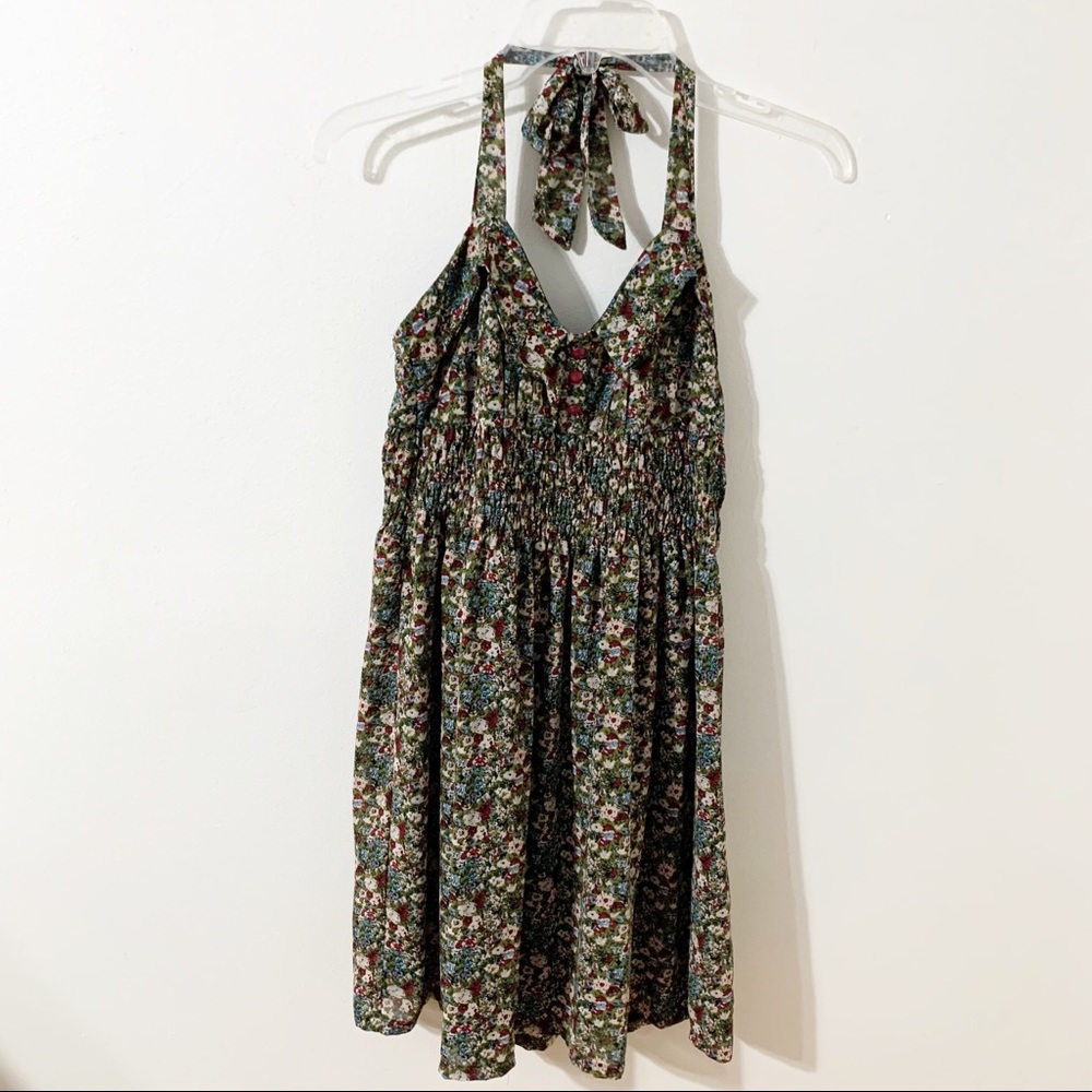 Pinky Fully Line Floral Halter Midi Dress Elastic Smocking Pointed Collar Button